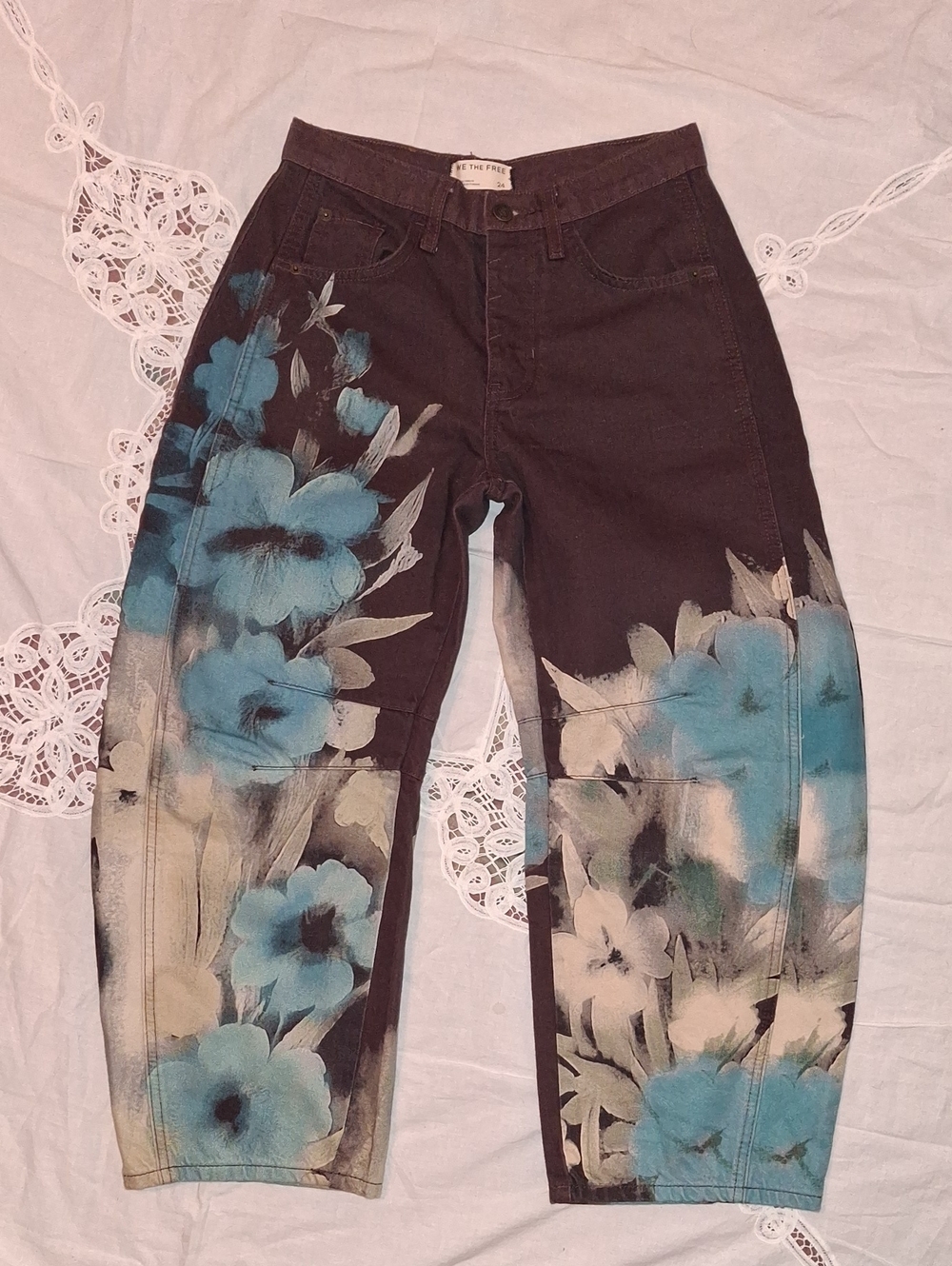 Free People Dark Brown Barrel Jeans with Teal and Cream Floral Paint